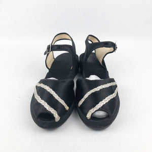 CC41 Black and Silver Satin Low Wedge Shoes - UK 6