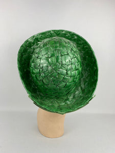 Original 1960s Vibrant Green Lacquered Raffia Hat with Grosgrain Trim