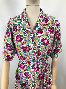 1940s Floppy Cotton Dress with Pink Roses Print - Bust 40 42