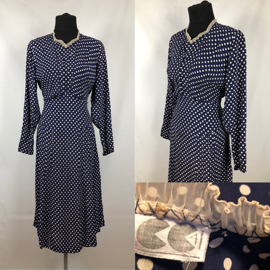 1940s CC41 Classic Navy and White Polka Dot Dress - Bust 34