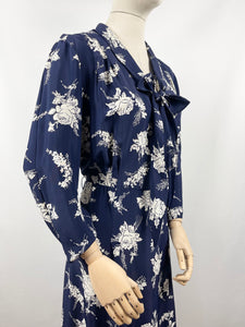 Original 1930s Navy and White Silk Volup Floral Print Dress with Bow Tie Neck - Bust 40 42