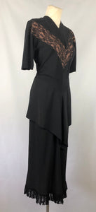 1940s Black Dress with Lace Overlay and Fishtail Peplum -B38