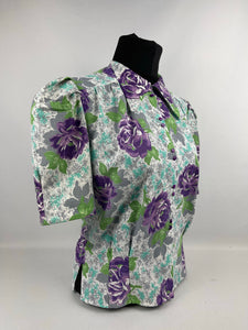 As Is 1940's Reproduction Floral Print Blouse with Large Purple Roses and Tiny Glass Buttons Made From an Original 1940's Feed Sack - Bust 34" 35" 36"