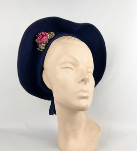 Stunning Original 1930s Blue Felt Bonnet Hat with Floral Trim