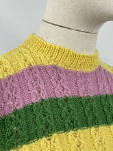 Load image into Gallery viewer, 1950&#39;s Reproduction Tri-Colour Cable Hand Knitted Jumper in Pink, Yellow and Green - Bust 30 32
