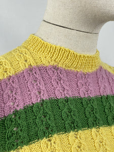1950's Reproduction Tri-Colour Cable Hand Knitted Jumper in Pink, Yellow and Green - Bust 30 32