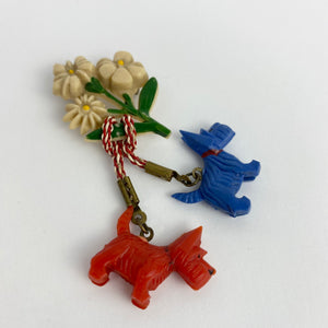 Original 1940s Red, White and Blue Patriotic Scottie Dog and Flower Spray Brooch