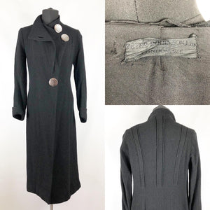 1930s Black Boucle Wool Coat with Mother Of Pearl Buttons and Double Collar - Bust 36