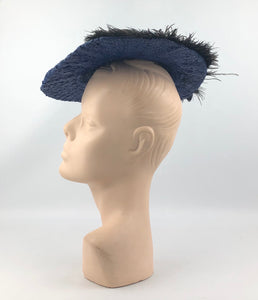 1940s Royal Blue Straw Hat with Black Ostrich Feather Trim