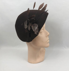 1930s Brown Felt Close Fitting Hat with Feather Trim