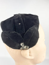 Load image into Gallery viewer, Original 1950s Black Velvet Half Hat with Leaf Trim and Silver Sequin Decoration
