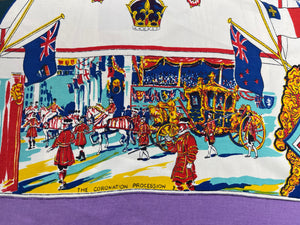 Original 1953 Queen Elizabeth II Coronation Commemorative Scarf - Bold Print on Purple Ground