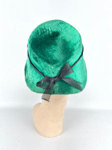 Original 1950's Bonnet Style Hat in Vibrant Green Velvet with Black Trim