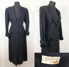 Load image into Gallery viewer, 1930s 1940s Black Wool Day Dress with Faux Fur Trim on Pockets - Bust 42 44
