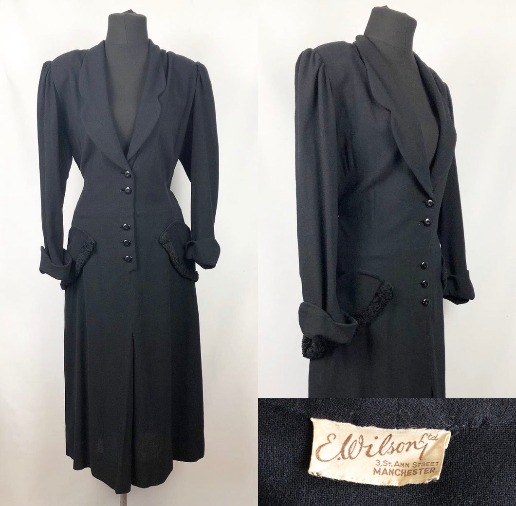 1930s 1940s Black Wool Day Dress with Faux Fur Trim on Pockets - Bust 42 44