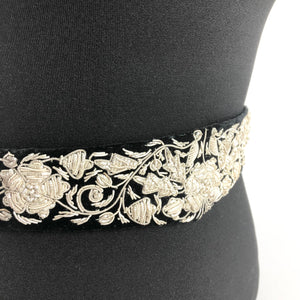 Original Vintage Black Velvet Belt with Metallic Silver Embroidery - Waist 29"