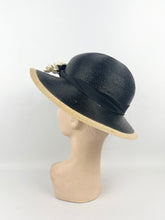 Load image into Gallery viewer, Original 1930s Black and Cream Lacquered Straw Hat with Velvet Floral Trim
