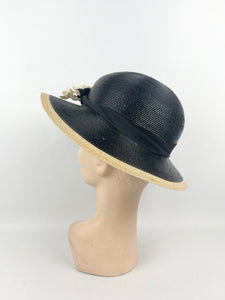 Original 1930s Black and Cream Lacquered Straw Hat with Velvet Floral Trim