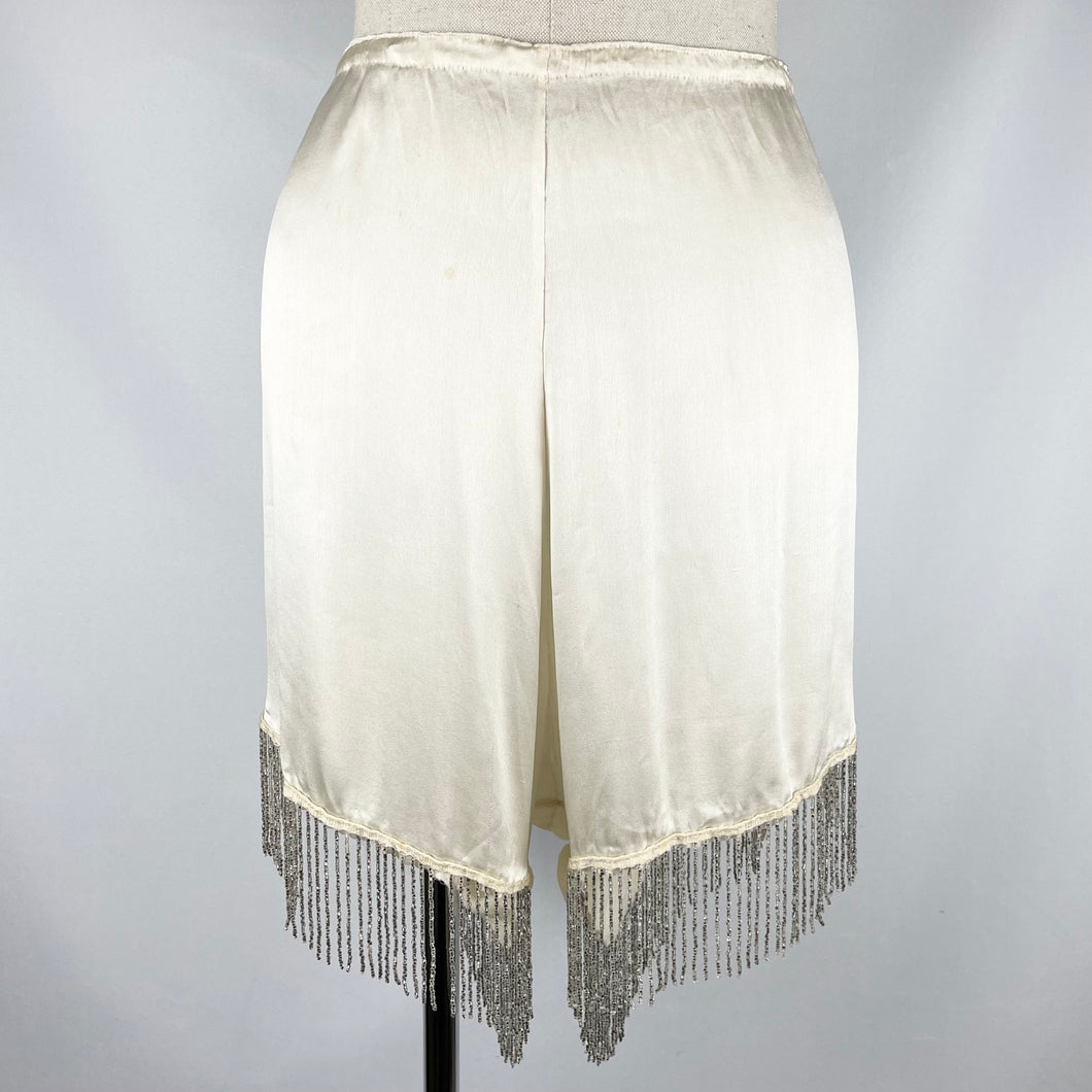Original 1920's 1930's Silk Tap Pants with Beaded Fringe Detail in Silver - Waist 30 32 34