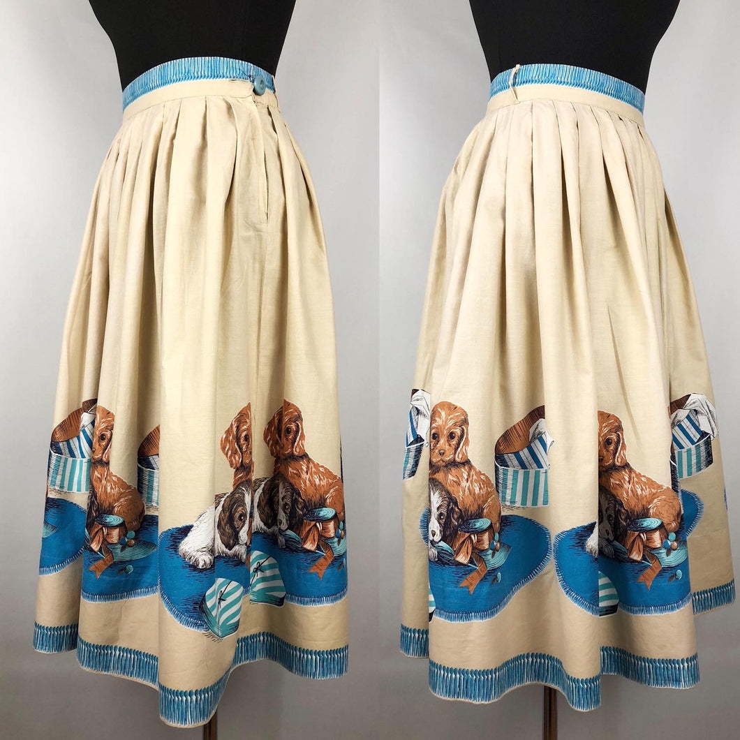 1950s Novelty Print Puppy and Hat Border Print Skirt - Waist 23