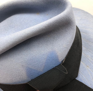 1930s Cornflower Blue Felt Fedora Hat with Black Grosgrain Trim