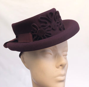 Original 1940s Burgundy Felt Hat with Soutache