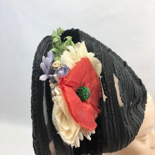 Load image into Gallery viewer, Original 1940&#39;s Black Straw Hat - Pretty Bonnet Shape Half Hat with Poppy Flower Trim - Patriotic
