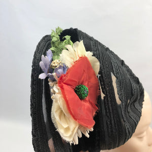 Original 1940's Black Straw Hat - Pretty Bonnet Shape Half Hat with Poppy Flower Trim - Patriotic