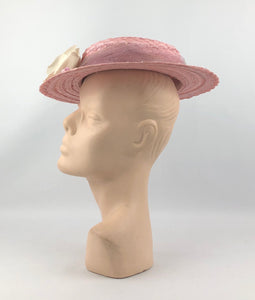 1940s Pink Straw Hat with Floral Trim and Net