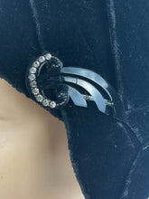 Load image into Gallery viewer, Original 1920s Black Cotton Velvet Cloche with Celluloid and Paste Hat Flash
