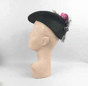 Original 1940's Black Fine Sisal Hat with Wonderful Pink Flower and Flocked Net Trim