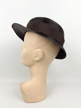 Load image into Gallery viewer, Original 1930s Chocolate Brown Lacquered Straw Hat With Cream Grosgrain Trim
