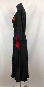 1940s Black Crepe Dress with Red Velvet Trim and Paste Detail - Bust 36 37 38