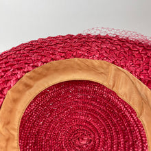 Load image into Gallery viewer, Original 1940&#39;s Stunning Pink Coarse Straw Hat with Grosgrain Trim and Face Veil
