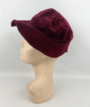 Load image into Gallery viewer, Original 1930’s Burgundy Cotton Velvet Hat - Neat Little Bonnet Shape
