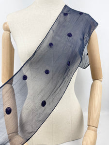 Original 1930's Dark Blue Chiffon Scarf with Silk Crewel Work Embroidery - Neat Neck Tie - Great Christmas Gift