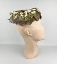Load image into Gallery viewer, Original 1950&#39;s Petal Hat in Brown with Cream Flowers and Velvet Bow Trim
