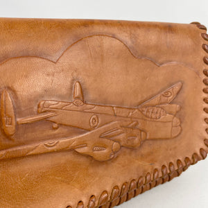 Original 1940's Tooled Leather Bag with Avro Lancaster Bomber Design - WW2 Bag