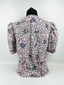 1940's Reproduction Novelty Print Blouse with Clocks and Clock Hands Made From an Original 1940's Feed Sack - B34 35