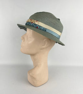 Original 1930's Blue Green Straw Hat with Grosgrain and Glass Bead Trim