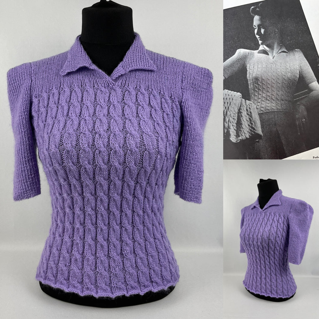 1940's Reproduction Twisted Cable and Rib Jumper in Jacaranda - Bust 32 33 34
