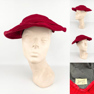 Original 1950's Bright Red Velvet Platter Hat by Jacoll *