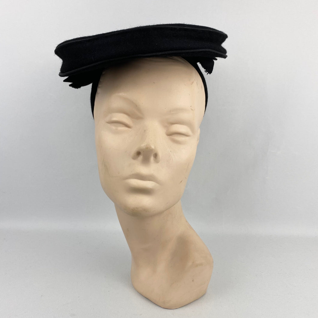 Original 1940s Inky Black Felt Hat with Triple Bow Trim and Black Felt Back