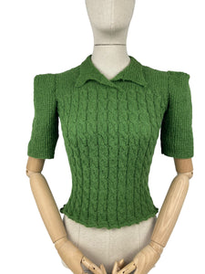 1940's Reproduction Twisted Cable and Rib Jumper in Grass Green - Bust 33 34 35