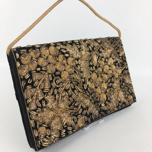 Vintage Black Velvet Evening Bag with Metallic Gold Embroidery