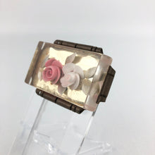 Load image into Gallery viewer, Original French 1950s Reverse Carved Lucite Brooch with Pink and White Roses in a Metal Frame

