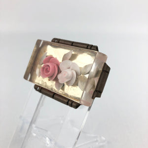 Original French 1950s Reverse Carved Lucite Brooch with Pink and White Roses in a Metal Frame