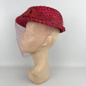 Original 1940's Stunning Pink Coarse Straw Hat with Grosgrain Trim and Face Veil