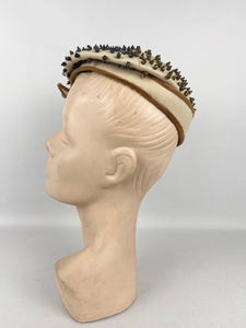 Charming Original 1950's Two Tone Beaded Felt Hat In Cream and Brown *