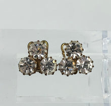 Load image into Gallery viewer, Vintage Trio of Claw Set Clear Paste on Gold Metal Clip On Earrings

